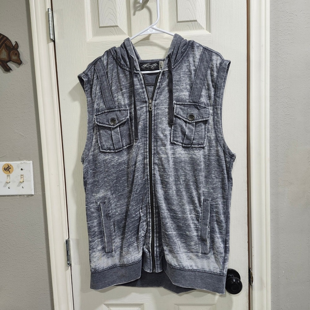 Retrofit Mens Gray Mineral Wash Sleeveless Full Zip Hoodie Vest Size Large